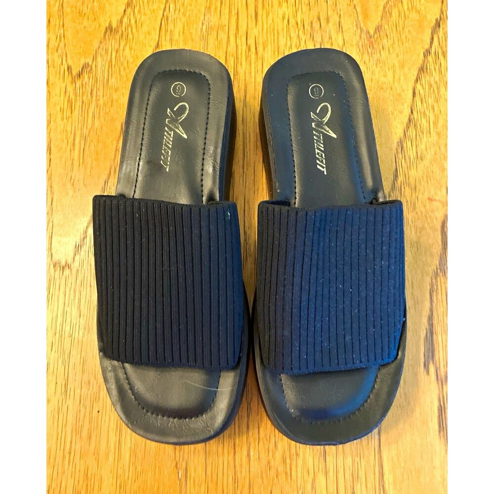 Athlefit Women’s Black Slip-On Slide Wedge Sandals US 9